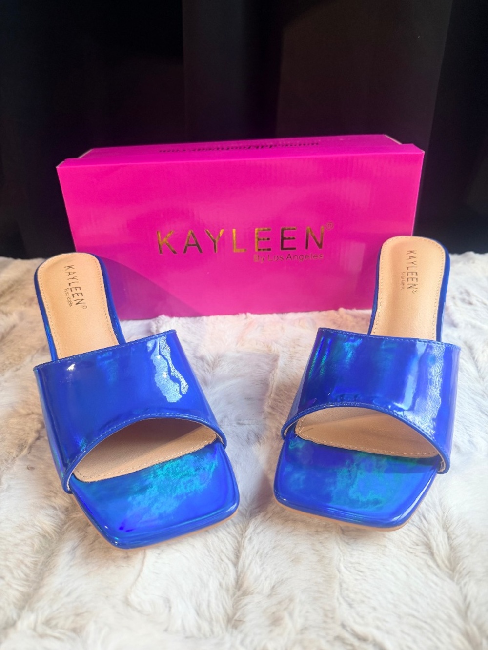 Kayleen Holographic Blue Slip On Mule Open Toe Sandals